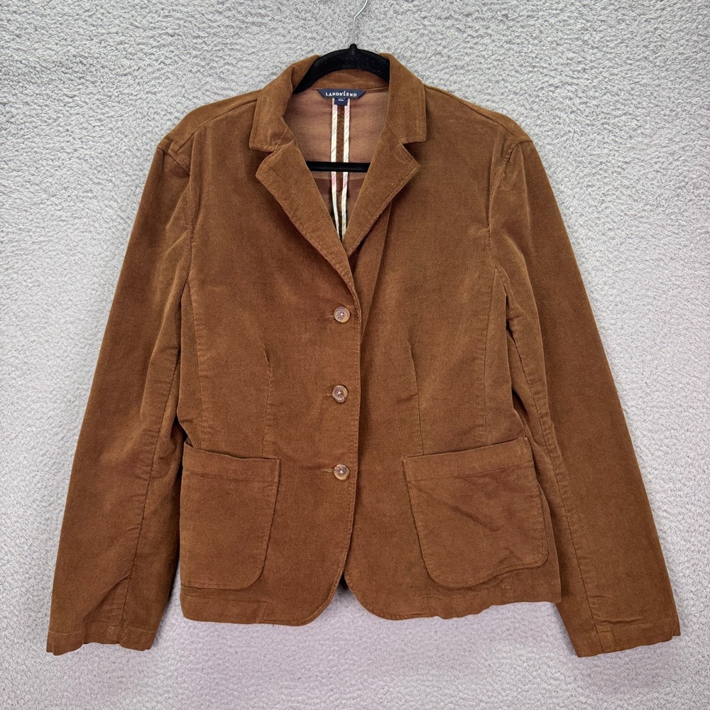 Lands End Blazer Womens 16 Brown Corduroy Jacket 3-Button Preppy Old Money Smart